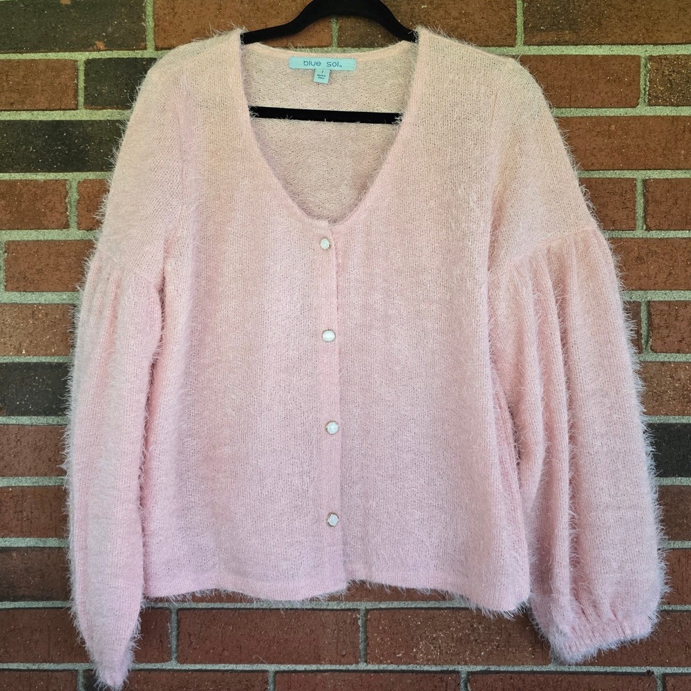 Blue Sol Cardigan Women Size 1 Pink Fuzzy Eyelash Knit Puff Sleeve VNeck Sweater